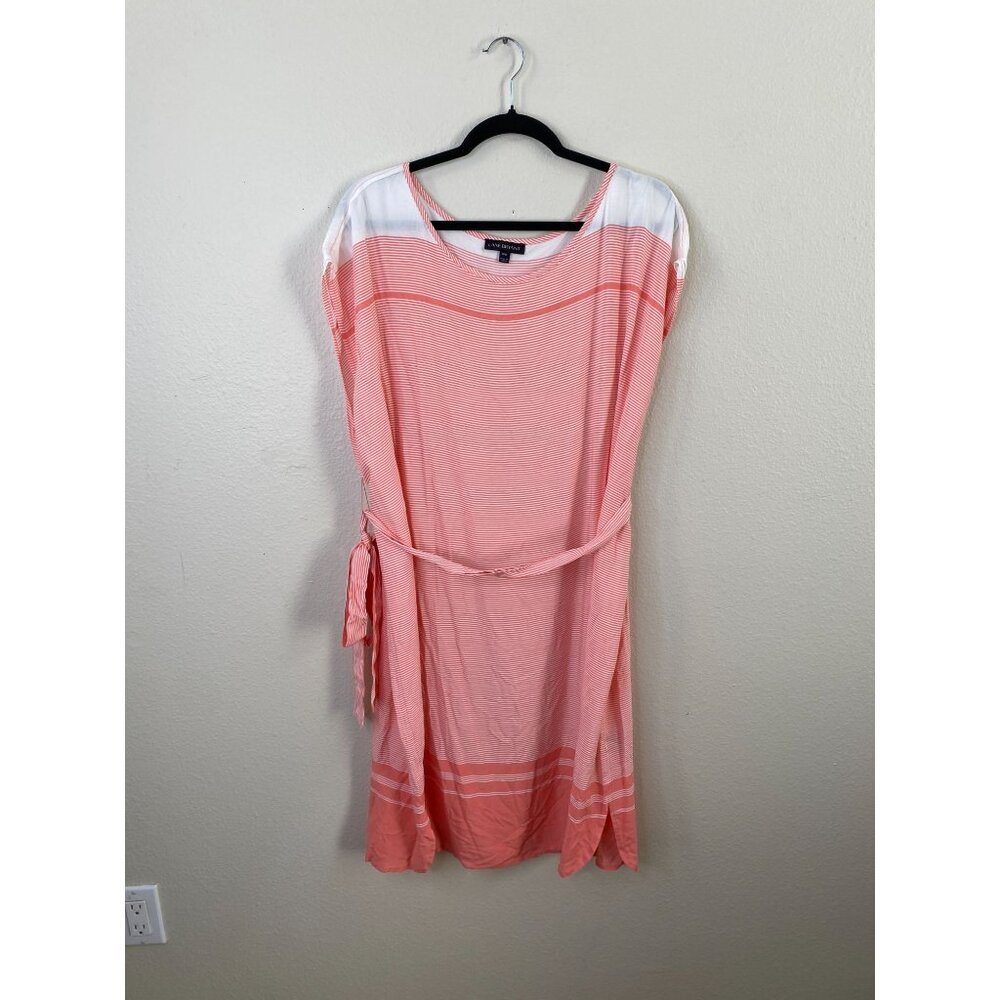 Lane Bryant Womens Striped Pink & White Midi Dress14/16 Scoop Neck Belted Rayon